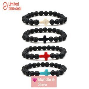 Adjustable Lava Stone Stretch Bracelet Set with Cross Beads for Men Women